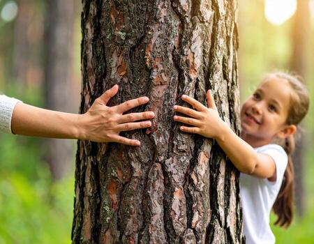 Tender hand reaches out, intertwining with another as child joyfully embraces tree in serene forest setting, showcasing connection with nature photo