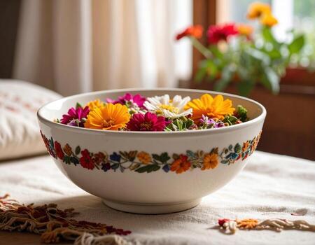 Serene scene featuring pristine white ceramic bowl filled with vibrant flowers, showcasing beautiful array of colors. soft natural light enhances tranquil atmosphere, inviting sense of calm photo