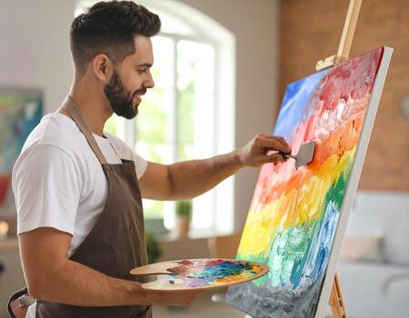 Vibrant artist strokes canvas with spatula, their palette of hues creating rainbow of colors. scene captures joy of creativity and artistic expression photo