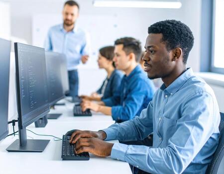 A group of people working on computers in an office photo