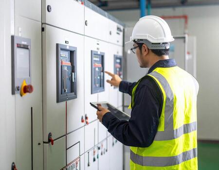 Professional technician wearing hard hat and safety vest is inspecting electrical control panels while using tablet to monitor systems. environment is industrial, emphasizing safety and precision photo