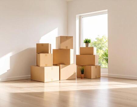minimalista habitación caracteristicas apilar de cartulina cajas, simbolizando moverse o reubicación, con natural ligero transmisión mediante ventana, creando sereno atmósfera foto