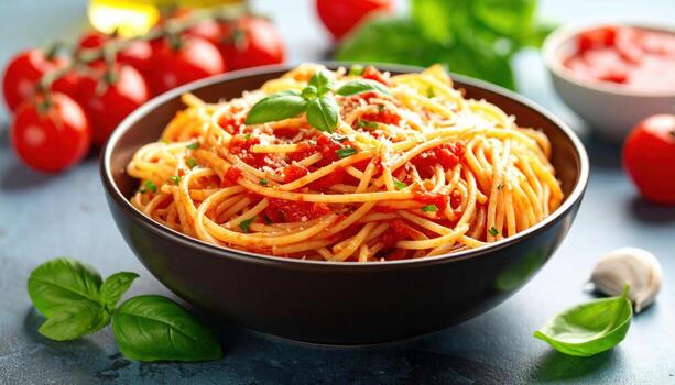 Spaghetti with tomato sauce and basil leaves on a dark table photo