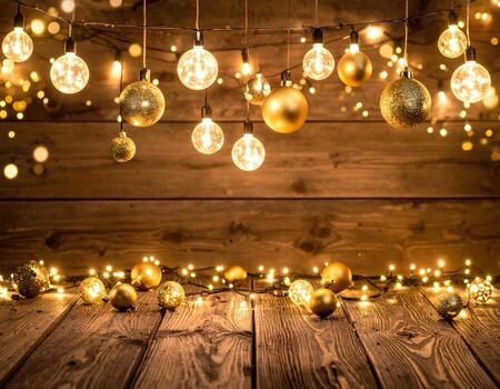 Warm golden orbs of light create cozy glow on rustic wooden backdrop, enhancing festive atmosphere with shimmering decorations and twinkling lights photo