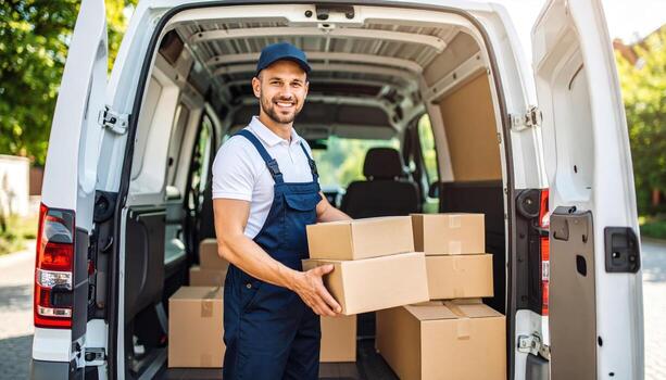 Smiling delivery worker loading boxes into van on sunny day, wearing uniform and cap, with background of green trees, conveying sense of reliability and service photo