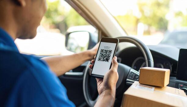 Person scanning QR code on smartphone while sitting in car, with packages nearby, indicating online shopping or delivery process, in bright daylight photo