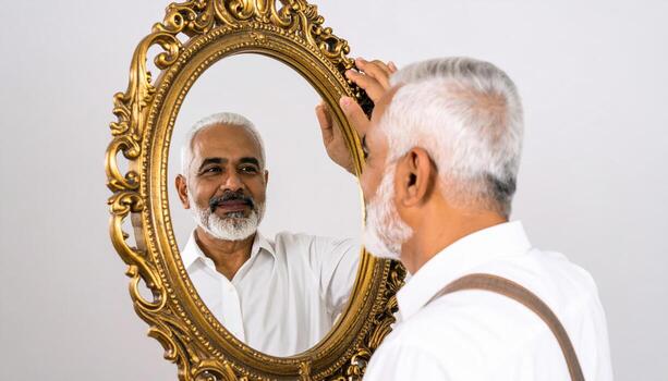 An older man looking at himself in a mirror photo