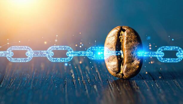 Coffee bean with digital chain link connecting to other links, symbolizing blockchain technology and digital security, with warm light glow in background photo