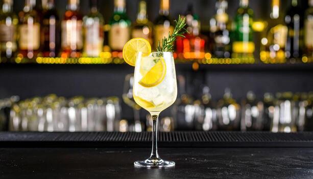 Refreshing cocktail with lemon slices and herbs on dark bar counter, blurred bar bottles in background, perfect for social gathering or celebration, evoking lively and vibrant atmosphere photo