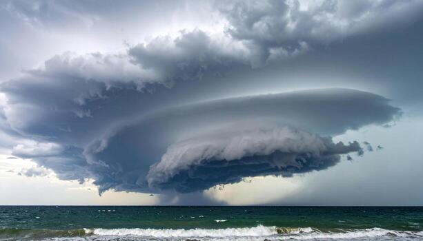 Large, dark storm cloud forms over ocean, creating intense and dramatic weather scene with turbulent skies and choppy waves, evoking sense of impending storm or weather change photo