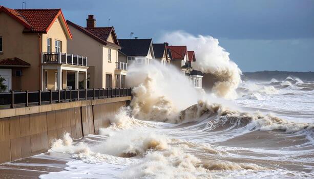 Row of houses along coastal area is being hit by large, powerful ocean waves during storm, causing water to crash over seawall and flood shoreline, creating dramatic and intense scene of nature photo