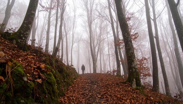 Person walking along foggy forest trail surrounded by tall, leafless trees with fallen autumn leaves covering ground, creating mysterious and tranquil atmosphere photo