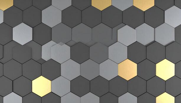 Pattern of hexagonal tiles in shades of gray and gold creates modern geometric background, evoking sleek, contemporary aesthetic with subtle touch of luxury and warmth photo