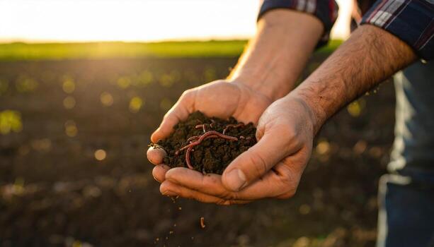 Person holding soil with earthworms in outdoor field during sunset, demonstrating soil health and organic farming practices, with warm lighting creating natural and earthy atmosphere photo