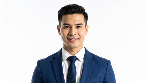 Young man in formal suit smiling confidently against plain white background. He appears professional and approachable, dressed in navy blue suit with white shirt and matching tie photo