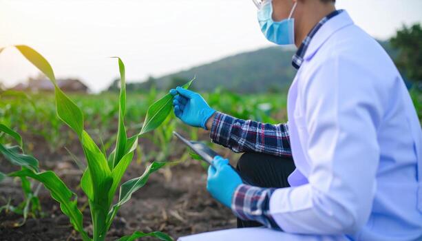 Scientist in protective gear examining young corn plant in field, holding tablet and inspecting crop, with background of green plants and distant hill, during daylight photo