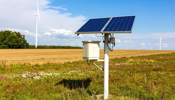 A solar powered device in a field with wind turbines photo