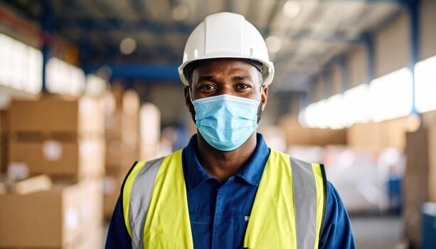 Worker wearing safety helmet and face mask warehouse with boxes background. person appears focused and responsible, ensuring safety and health protocols are followed busy storage environment photo