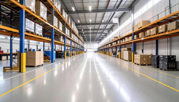 Spacious warehouse with high shelves filled with boxes and pallets, bright lighting, and clean, polished floor, creating organized and efficient storage environment photo