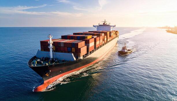 Large cargo ship carrying numerous shipping containers moves through open water during sunset, accompanied by small tugboat guiding it, with clear sky and distant shoreline in background photo