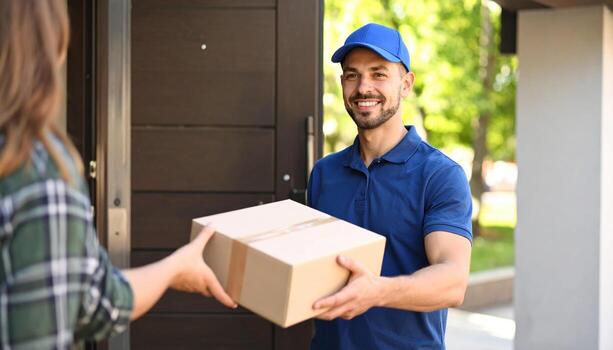 Delivery person in blue uniform handing over package to customer at doorstep on sunny day, smiling and showing friendly service, with background of green trees and modern house photo