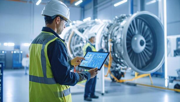 A man in a hardhat and safety vest holding a tablet computer photo