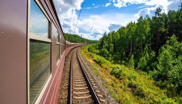 Scenic view from moving train shows railway track curving through lush green forest under bright blue sky with scattered clouds, evoking sense of adventure and tranquility photo