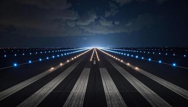 Long, empty runway at night illuminated by bright lights along edges and center, with dark sky overhead and clouds in distance, creating futuristic and dramatic atmosphere photo