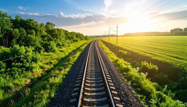 escénico ver de ferrocarril pistas corriendo mediante lozano verde campos durante atardecer, con vibrante luz de sol esclarecedor paisaje y claro azul cielo, evocando sentido de tranquilidad y viajando dentro foto