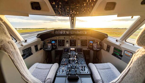 View from inside airplane cockpit showing control panels, steering yokes, and seats with sunset sky outside windows, creating calm and focused atmosphere for flying photo