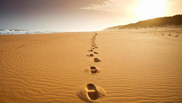 Peaceful beach scene during sunset with footprints in sand leading towards horizon, creating sense of journey and tranquility, with soft waves and distant dunes photo