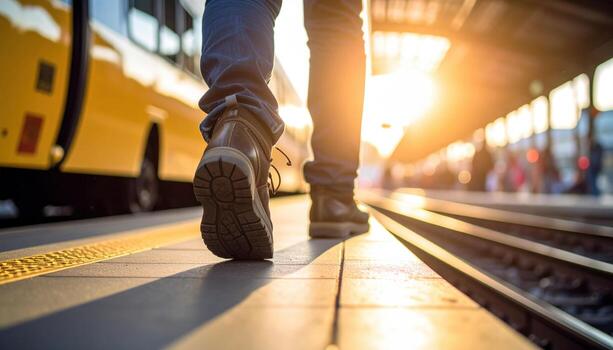 Person walking on train station platform during sunset, with yellow bus in background and train tracks nearby, creating warm and busy travel scene photo
