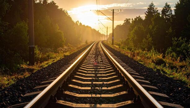 puesta de sol terminado ferrocarril pistas en boscoso área, con gastos generales eléctrico líneas y lozano verde arboles en ambos lados, creando pacífico y escénico ver de tren ruta a oscuridad foto