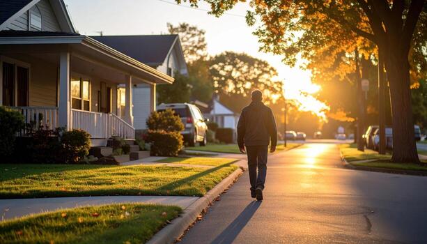 Person walking down suburban street during sunset, with warm sunlight casting long shadows and illuminating houses and trees, creating peaceful and calm atmosphere photo