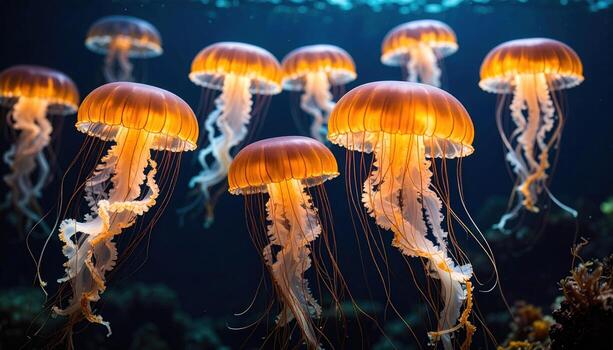 Image features group of glowing jellyfish floating underwater, creating mesmerizing and ethereal scene with their bioluminescent bodies illuminating dark ocean photo