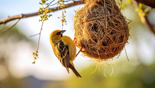 A yellow bird is sitting on top of a nest photo
