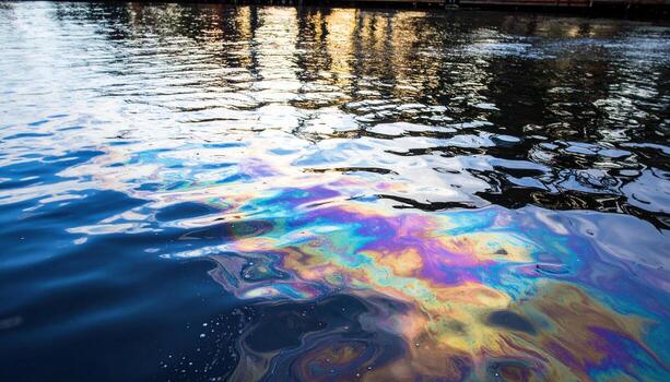 Colorful oil slick on water surface reflecting sky and surroundings, creating vibrant rainbow patterns and shimmering effects, evoking sense of natural beauty and environmental concern photo