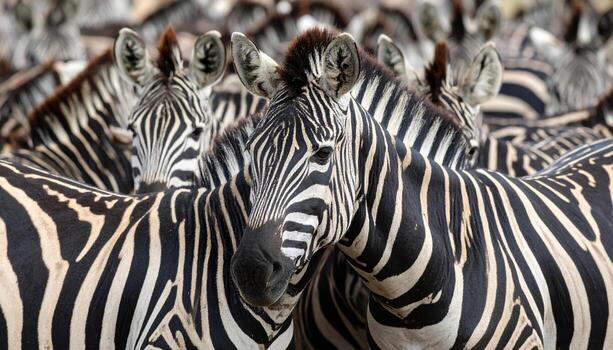 A herd of zebras standing together in a field photo