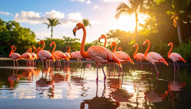 Group of flamingos standing in water during sunset with lush greenery and palm trees in background, creating serene tropical scene with warm lighting and reflections on water surface photo