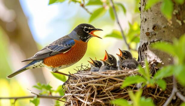A bird is sitting on top of a nest with its babies photo