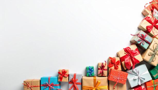 Colorful gift boxes with ribbons arranged in curved line on white background, creating festive and joyful atmosphere perfect for celebrations and holidays photo