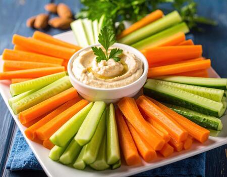 Colorful arrangement of fresh vegetables including crisp cucumber slices and vibrant baby carrots, served with creamy dip in center, creating healthy and inviting snack platter photo