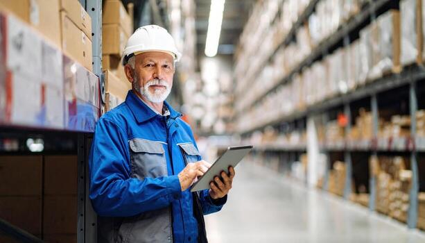 Warehouse worker in blue uniform and hard hat stands confidently, using tablet amidst rows of stacked boxes, showcasing blend of focus and determination in busy environment photo