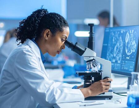 A woman in a lab coat looking through a microscope photo