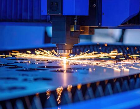 Laser CNC machine cutting metal produces vibrant display of sparks and blue hue, showcasing precision and high fidelity in its intricate work photo