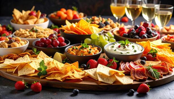 Vibrant tableau of party snacks featuring crispy chips, savory dips, fresh fruits, and assorted nuts, creating delightful atmosphere for gatherings and celebrations photo