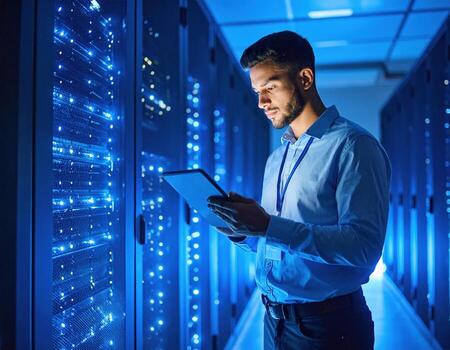 A man in a server room holding a tablet computer photo