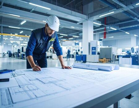enfocado ingeniero examina detallado planos en moderno espacio de trabajo, exhibiendo precisión y Dedicación a su artesanía. ambiente es bien iluminado y organizado, mejorando productividad foto