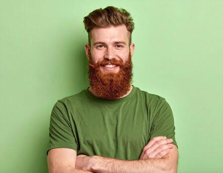 A man with a beard and a green background photo