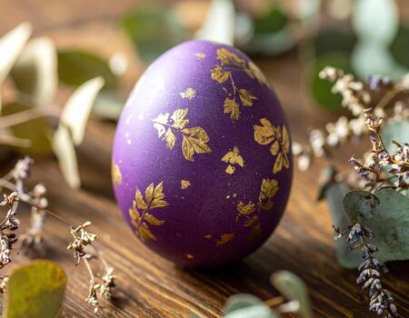 Beautifully crafted purple Easter egg, adorned with intricate gold leaf patterns, rests among delicate greenery and dried flowers, creating elegant and festive atmosphere photo